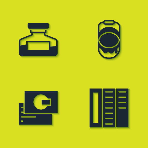 集墨水瓶，宣传册，名片和油漆桶图标。向量图片下载