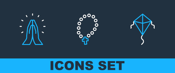 设置线风筝，双手在祈祷的位置和玫瑰珠的宗教图标。向量图片下载