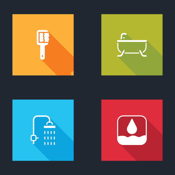 设置桑拿刷，浴缸，淋浴和水滴图标。向量图片下载