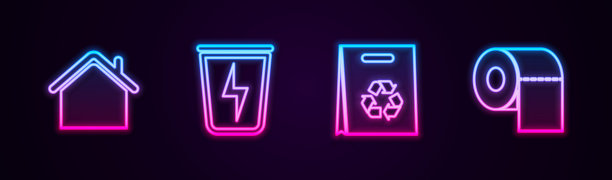 设置线房屋，闪电带垃圾桶，购物袋回收和厕纸卷。发光的霓虹灯图标。向量图片下载