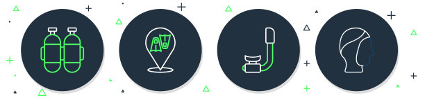 设置线鳍游泳，浮潜，潜水和潜水罩图标。向量图片下载