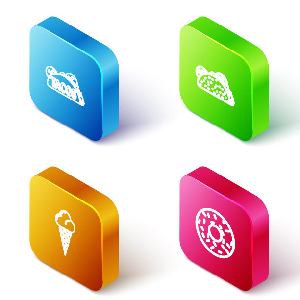 设置等距线玉米饼，，冰淇淋在华夫蛋筒和甜甜圈图标。向量图片下载