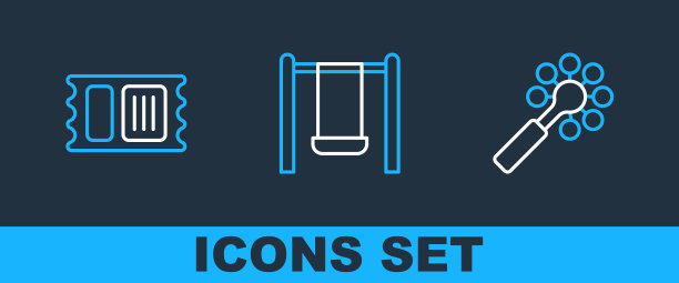 设置线拨浪鼓婴儿玩具，马戏团门票和摇摆图标。向量图片下载