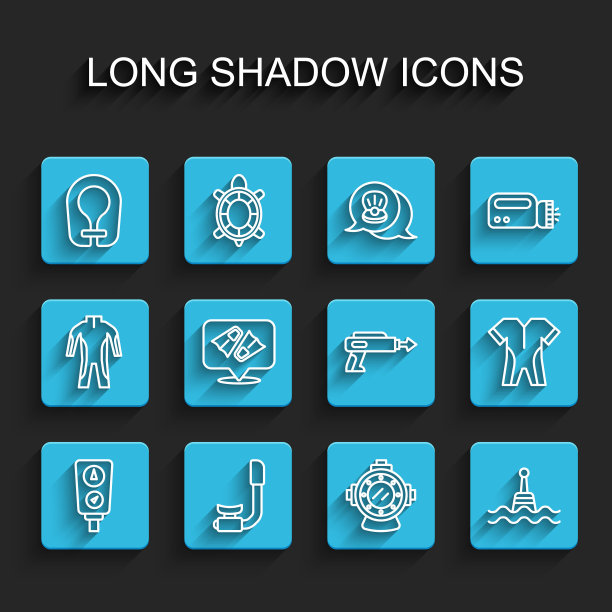 集线规刻度，浮潜，救生衣，潜水器，浮筒，游泳鳍，潜水服和钓鱼鱼叉图标。向量图片下载