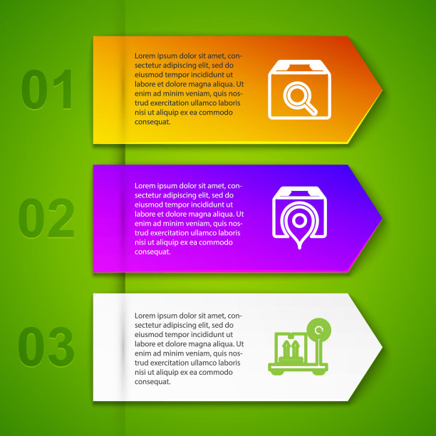 设置线路搜索包，位置与纸箱，规模和运输卡车检查标记。业务信息图表模板。向量图片下载