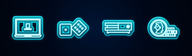 设置线笔记本电脑，游戏骰子，视频游戏控制台和硬币。发光的霓虹灯图标。向量图片下载