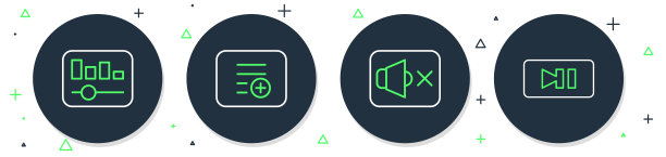设置线路添加到播放列表，扬声器静音，音乐均衡器和暂停按钮图标。向量图片下载