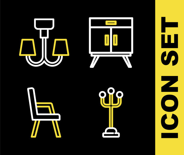 设置线抽屉柜，大衣架，扶手椅和吊灯图标。向量图片下载