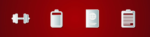 设置哑铃，电池，护照和剪贴板与文件图标。向量图片下载