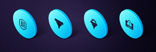 设置等距笔记本电脑的感叹号，销售漏斗齿轮，和服务器屏蔽图标。向量图片下载