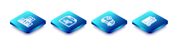 设置等距线纸箱与交通，平面和纸板，交货跟踪和交货清单的验证图标。向量图片下载