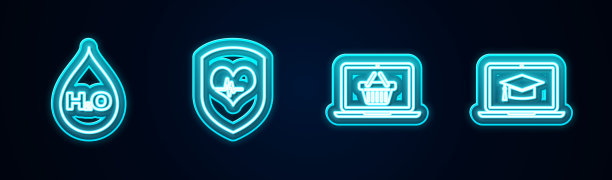 设置线水滴与水，盾和心率，购物篮在笔记本电脑和毕业帽。发光的霓虹灯图标。向量图片下载