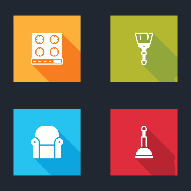 集煤气炉，油漆刷，扶手椅和橡胶柱塞图标。向量图片下载