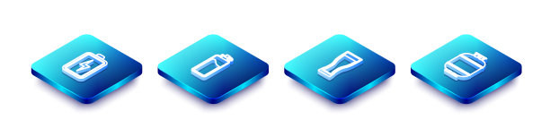 设置等距线电池，运动瓶与水，啤酒和丙烷气罐图标的玻璃。向量图片下载