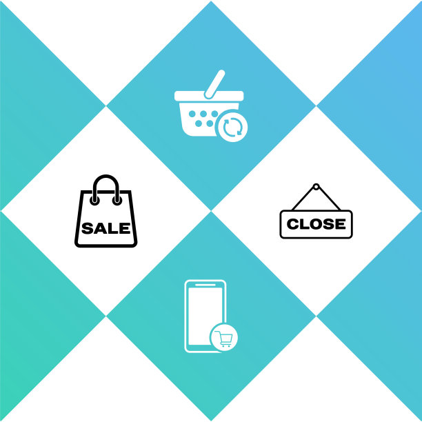 设置购物袋与销售，手机和购物车，刷新篮和悬挂标志关闭图标。向量图片下载