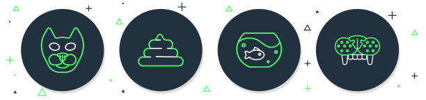 设线狗屎，水族馆与鱼，猫和牙齿图标。向量图片下载