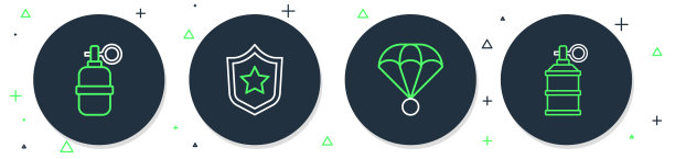 设置线警察徽章，降落伞，手榴弹和烟雾图标。向量图片下载