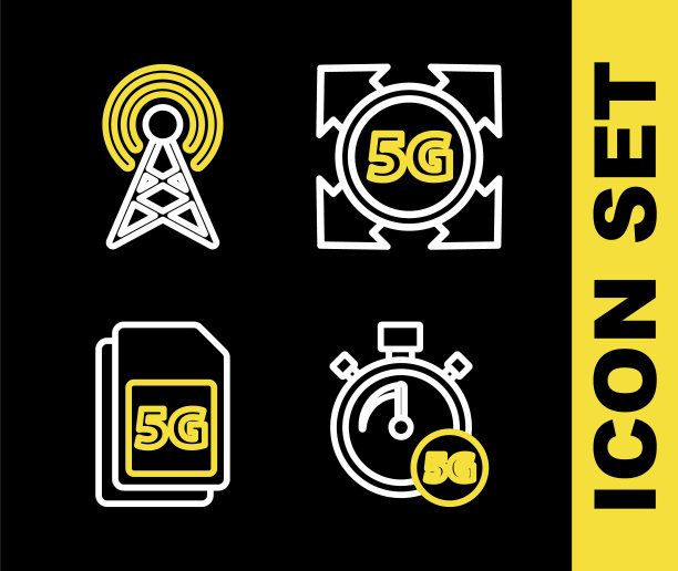设置线路5G网络，数字速度计，Sim卡和天线图标。向量图片下载