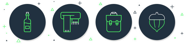 设置线冬季围巾，学校背包，一瓶葡萄酒和橡子图标。向量图片下载
