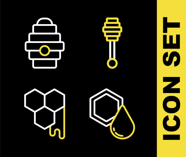 设置线蜂蜜勺棒，蜂巢和蜂巢的蜜蜂图标。向量图片下载