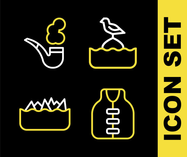 海鸥坐在浮标上，救生衣，尖锐的石礁和抽烟的烟斗图标。向量图片下载