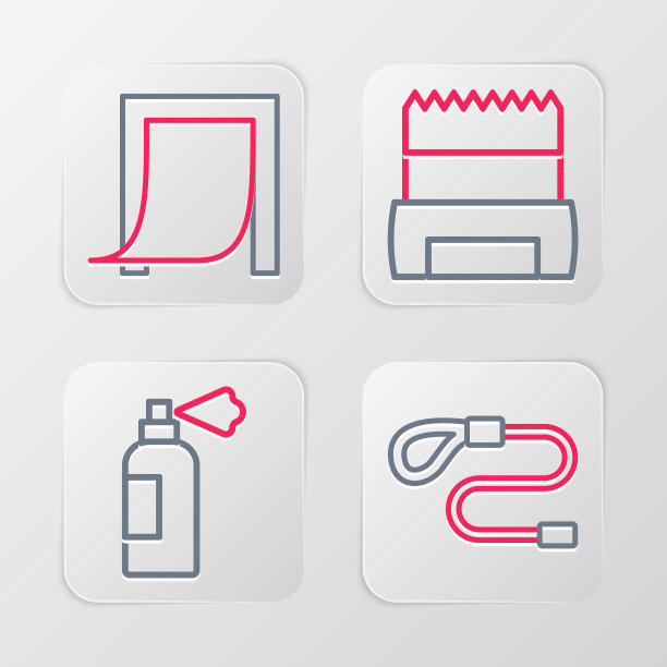 设置线可伸缩绳带，宠物洗发水，狗屎在袋和门的宠物图标。向量图片下载