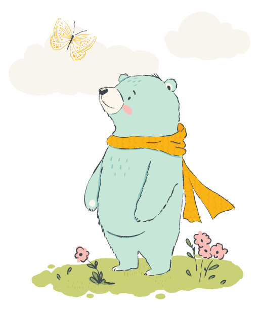 可爱的泰迪熊戴着黄色的围巾，在草坪上的云的背景下图片下载