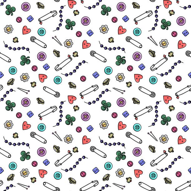 无缝背景与缝纫元素。采购产品钮扣，别针，串珠，时装，纺织品，设计。图片下载