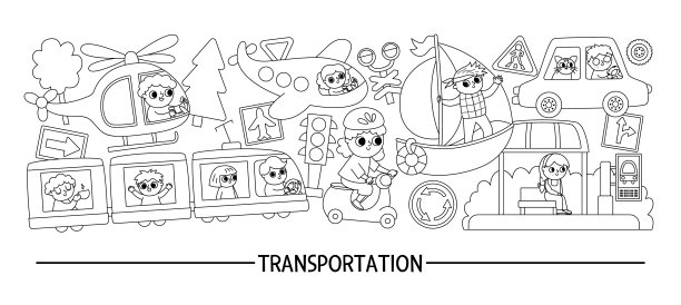 矢量黑色和白色运输水平设置与不同种类的运输和可爱的孩子司机。行路旅行卡模板，框架设计。可爱的巴士，汽车的彩色页面图片下载