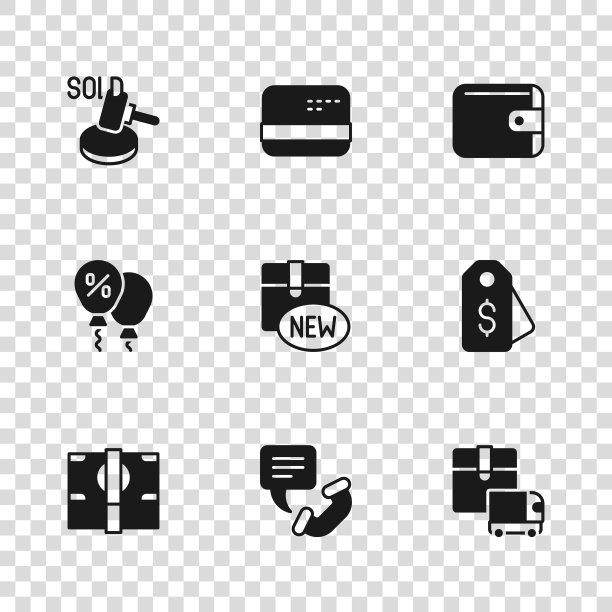 集电话24小时支持，价格标签与美元，交付货物卡车，新收集，钱包，拍卖锤，信用卡和折扣百分比图标。向量图片下载