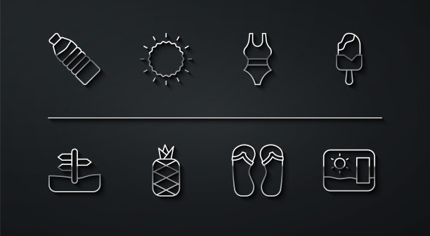 瓶装水，道路交通标志，冰淇淋，人字拖，菠萝，太阳，旅游明信片和泳装图标。向量图片下载