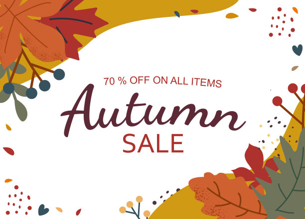秋天出售。鲜艳的秋日销售横幅和落叶。打七折。矢量插图。图片下载