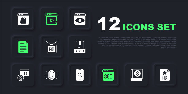 集财务书籍，广告，SEO优化，文件文件，钻石，视频广告和放大镜和移动图标。向量图片下载