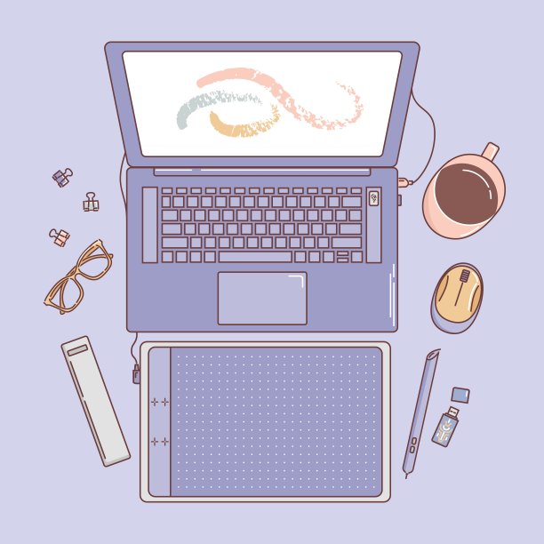 艺术家或设计师的桌面，笔记本电脑，电脑鼠标，咖啡杯，图形平板电脑，活页夹，手写笔，闪存驱动器，眼镜。涂鸦风格。办公室。用于贴纸，海报，卡片，设计元素图片下载