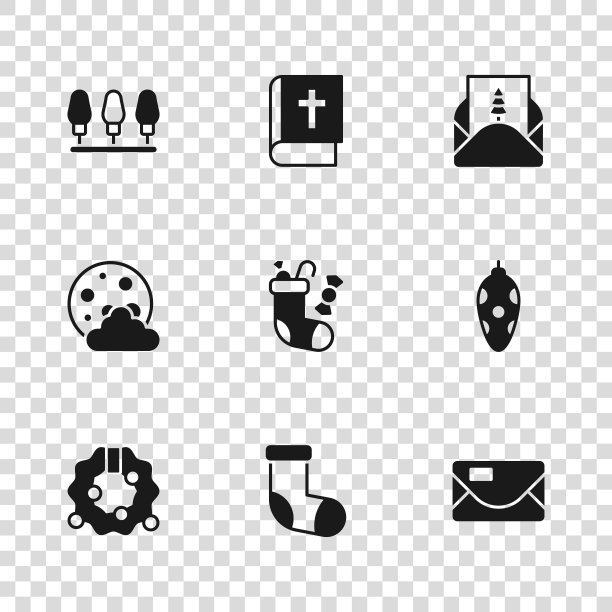 集圣诞袜，玩具，信封，灯，圣经书和夜间图标。向量图片下载