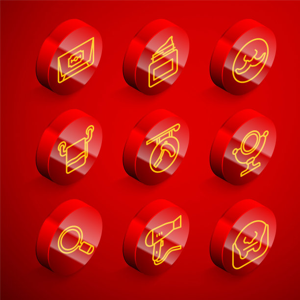 设置线刀片剃须刀，奶油化妆品罐，胡子，毛巾挂在衣架上，理发店，圆形化妆镜，手和吹风机图标。向量图片下载