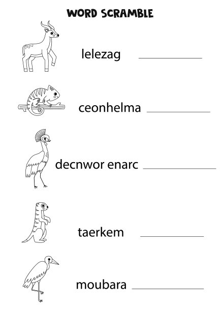 儿童拼图。孩子们拼字游戏。黑白相间的非洲动物。图片下载