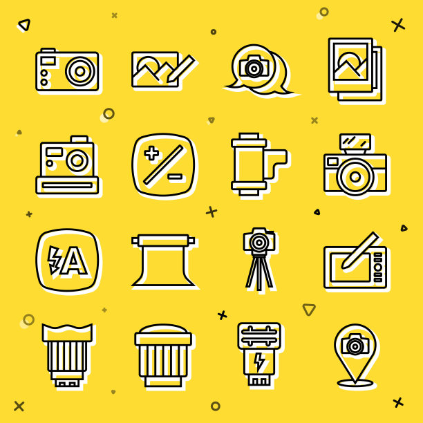 设置线相机，平板电脑，闪光灯，曝光补偿，和相机卷墨盒图标。向量图片下载