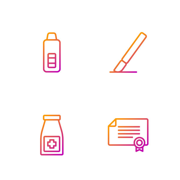 生产线证书模板，药瓶和药片，数字体温计，手术刀。渐变颜色图标。向量图片下载