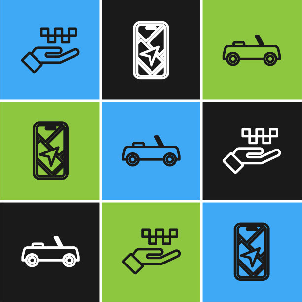 设置线手与出租车，汽车和城市地图导航图标。向量图片下载