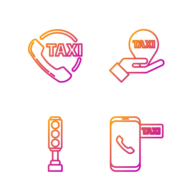 设置出租车电话服务，交通灯，出租车电话服务和出租车地图指针。渐变颜色图标。向量图片下载
