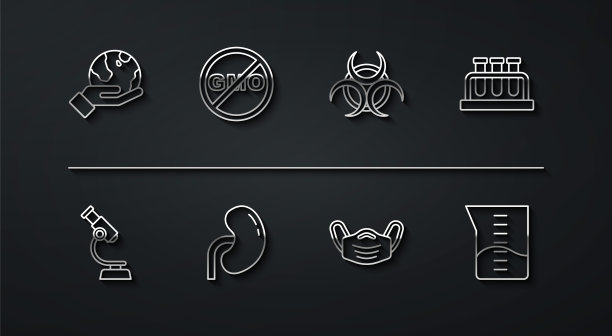 设置线手持地球仪，显微镜，试管烧瓶，医用防护口罩，人体肾脏，无转基因，实验室玻璃器皿或烧杯和生物危害符号图标。向量图片下载