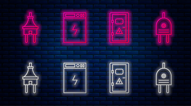 成套移动电源、电柜、插头、插头。砖墙上发光的霓虹灯图标。向量图片下载