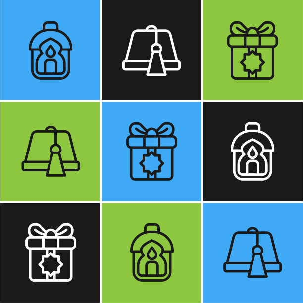 设定线斋月卡里姆灯笼，礼盒和土耳其帽子图标。向量图片下载