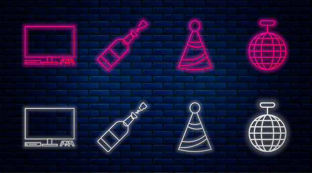 香槟瓶，派对帽，游戏机和迪斯科球。砖墙上发光的霓虹灯图标。向量图片下载