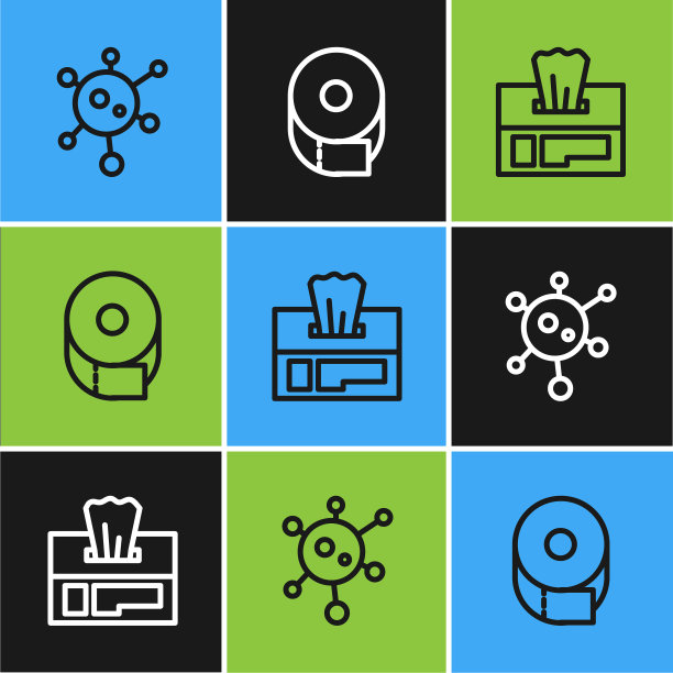 设置线路病毒、湿纸巾包和厕纸卷图标。向量图片下载