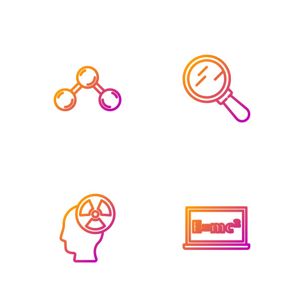 设直线方程解，头和辐射符号，分子和放大镜。渐变颜色图标。向量图片下载