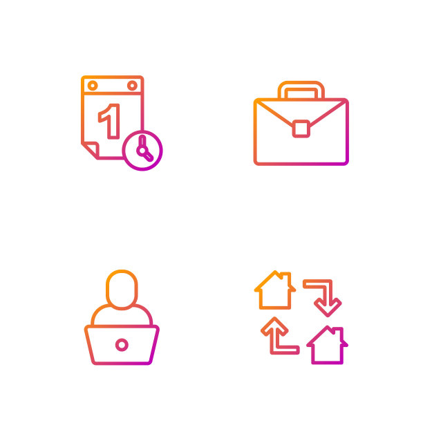 在线工作，自由职业者，时间管理和公文包。渐变颜色图标。向量图片下载