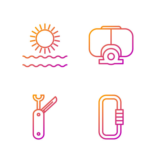 套线锁扣，瑞士军刀，太阳和海浪和潜水面罩。渐变颜色图标。向量图片下载