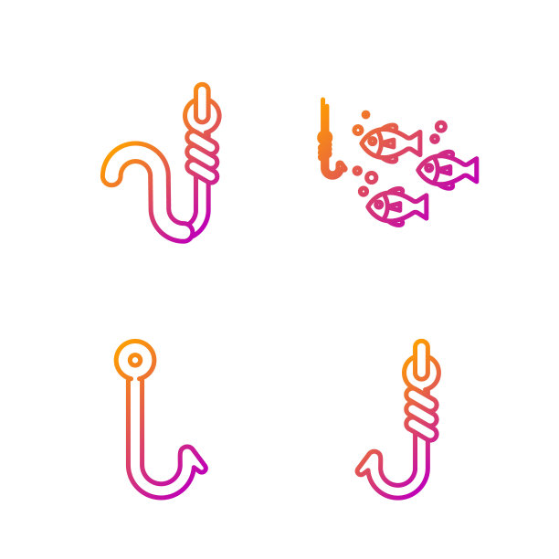 设线钓鱼钩，钓鱼钩，钓鱼钩带虫，钓鱼钩带鱼。渐变颜色图标。向量图片下载